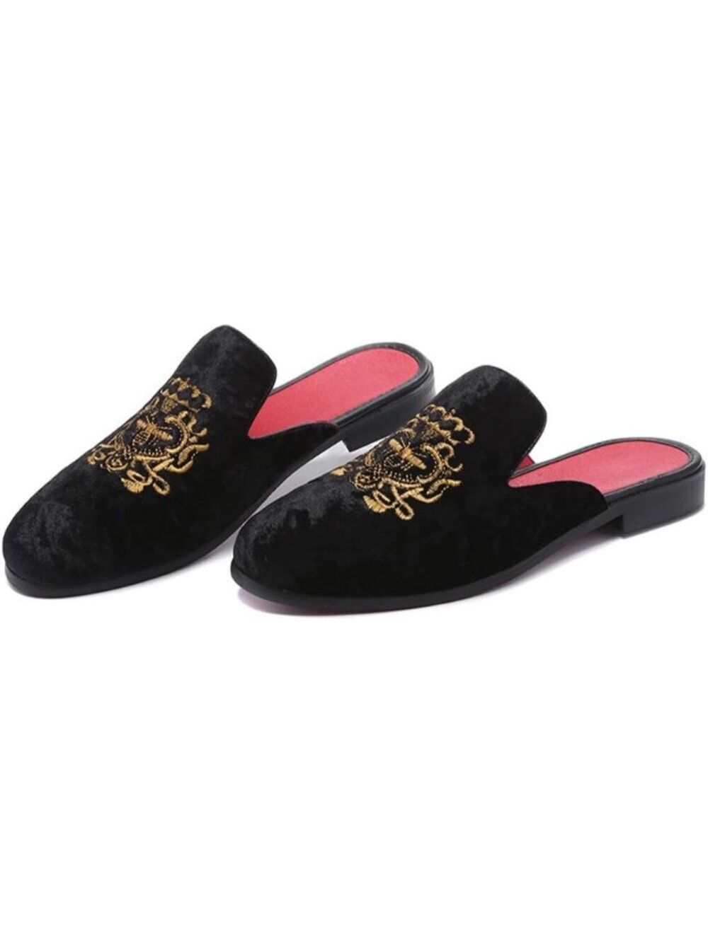 🆕Men Black Rubber Velvet Patent Leather Crown Embroidery Slip On Loafer Slipper